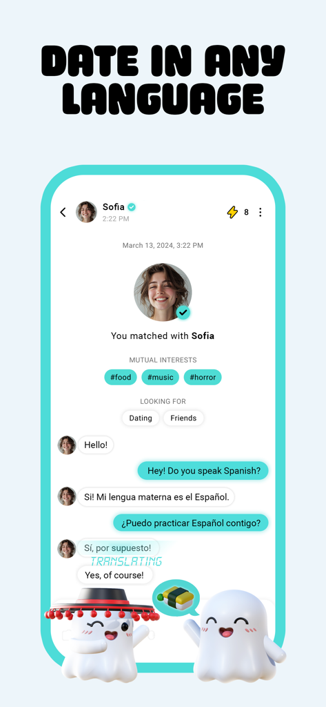 Boo — Dating. Friends. Chat. - Interfaz de chat de la aplicación de citas Boo con función de traducción de idiomas en tiempo real.