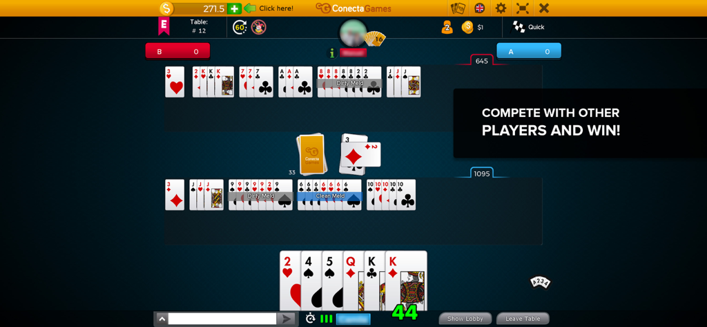 Online Canasta card game interface showing cards and melds during a competitive match
