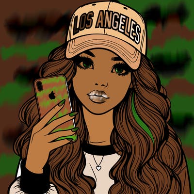 realistic beautiful girl wearing los ángeles cap holding an iphone