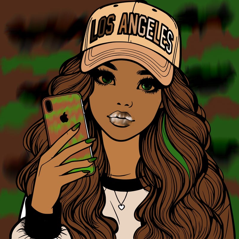 realistic beautiful girl wearing los ángeles cap holding an iphone