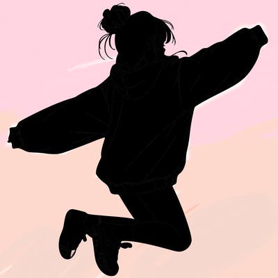 realistic girl jumping with a bun and oversized sweatshirt