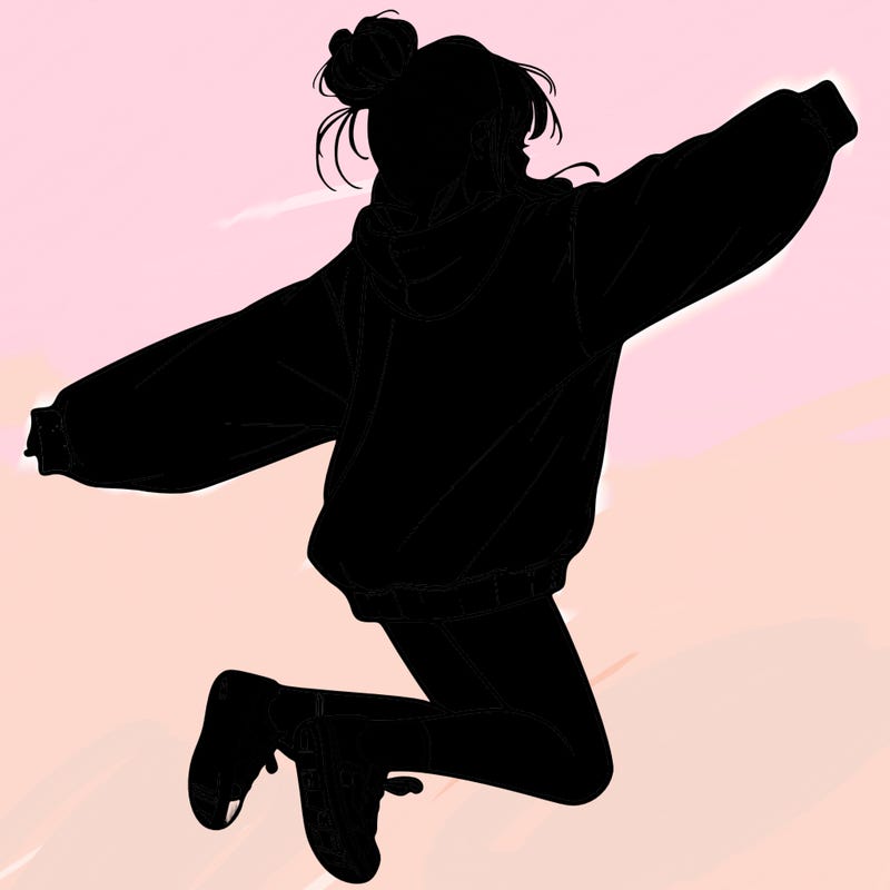 realistic girl jumping with a bun and oversized sweatshirt
