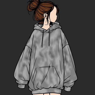 realistic girl with a oversized sweatshirt on and a bun