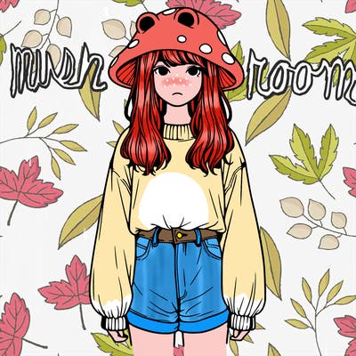 a realistic girl with a frog hat and baggy mushroom shirt