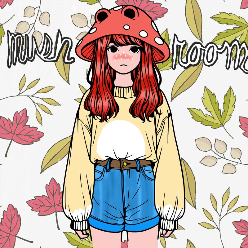 a realistic girl with a frog hat and baggy mushroom shirt