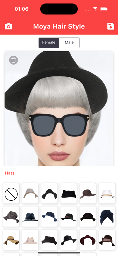 Hairstyle Try On - Hair Filter - Una mujer usando la aplicación Moya Hair Style para probarse virtualmente un sombrero negro y gafas de sol con un filtro de cabello plateado.