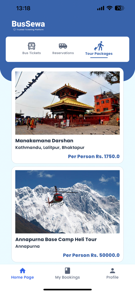 BusSewa - The BusSewa app interface displaying available tour packages in Nepal like Manakamana Darshan and Annapurna Heli Tour