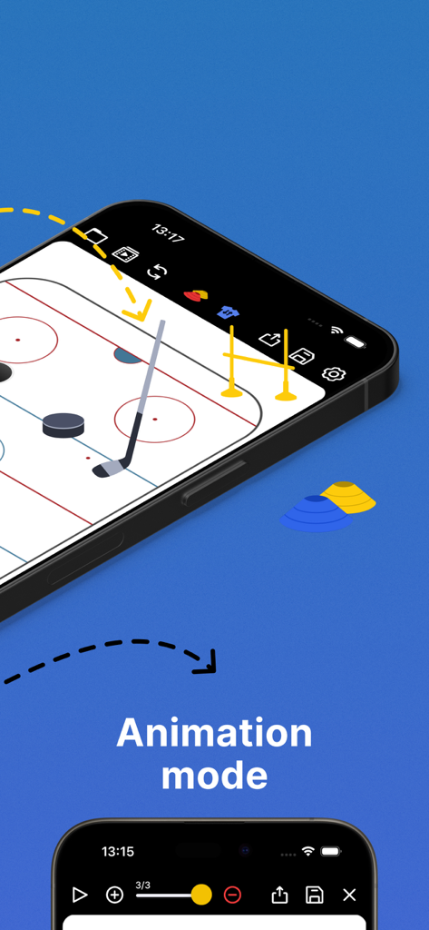 Coach Tactic Board: Hockey - A smartphone screen displaying the animation mode of the Hockey Coach Tactic Board app.