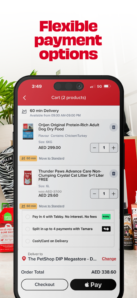 ThePetshop.com - Checkout screen of the ThePetshop app showing flexible payment options like Tabby and Tamara alongside sixty minute delivery details for premium pet food and litter