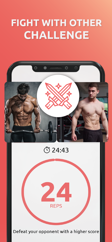 Push Up Challenge - Push Ups - Mobile screen showing a push up challenge competitive mode with rep counter and workout timer