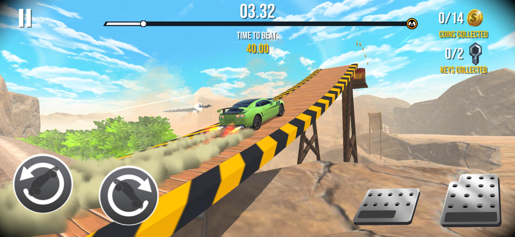 Stunt Car Extreme - Un coche deportivo verde corriendo por una rampa de acrobacias de madera en un entorno desértico