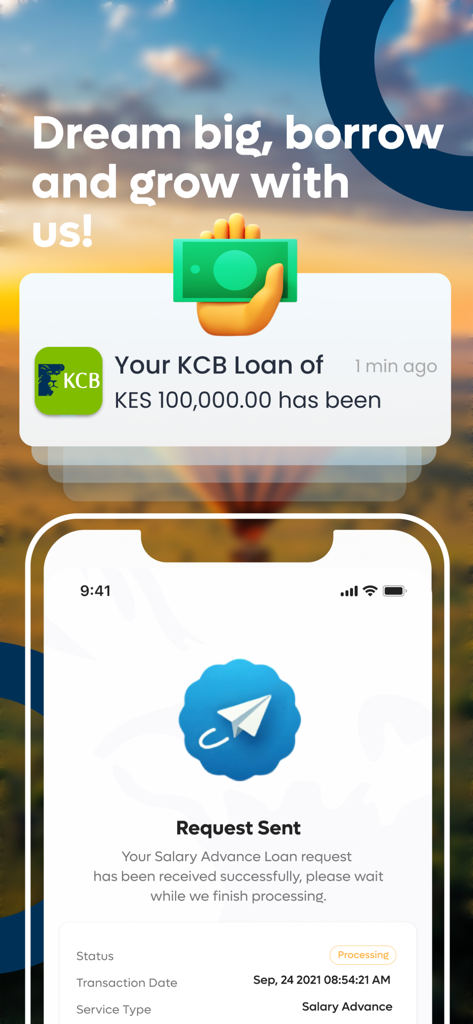 Pantalla de solicitud de anticipo de salario de la nueva aplicación KCB Móvil.