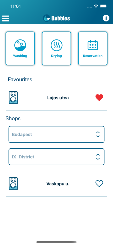 Bubbles Mosoda - Haupt-Dashboard der Bubbles Wäsche-App, das Wasch-, Trocken- und Reservierungsoptionen sowie eine Liste von Geschäften in der Nähe anzeigt.