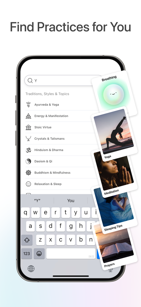 Sol - Grow Your Inner Light - Smartphone screen showing the Sol app search interface for holistic practices including yoga meditation and breathing exercises