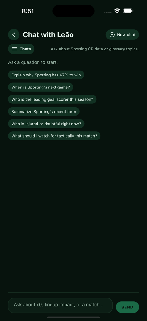 SportingCP.ai - Interface do assistente de IA Chat com Leão no aplicativo SportingCP.ai mostrando perguntas táticas e estatísticas sugeridas sobre jogos.