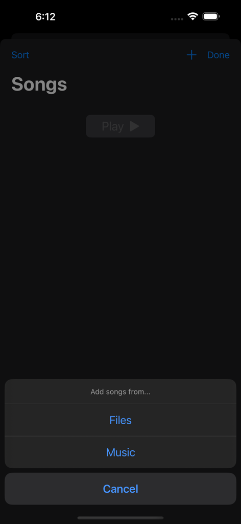 Audio Equaliser - Import songs menu in the Audio Equaliser app with options to add music from Files or the Music library.