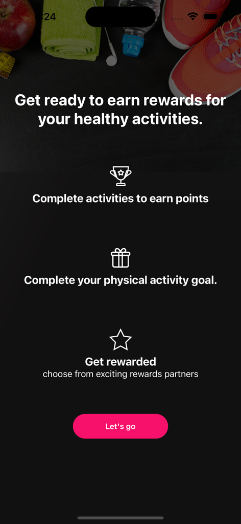 Écran d'intégration de l'application Vitality Africa expliquant comment gagner des récompenses pour des activités saines