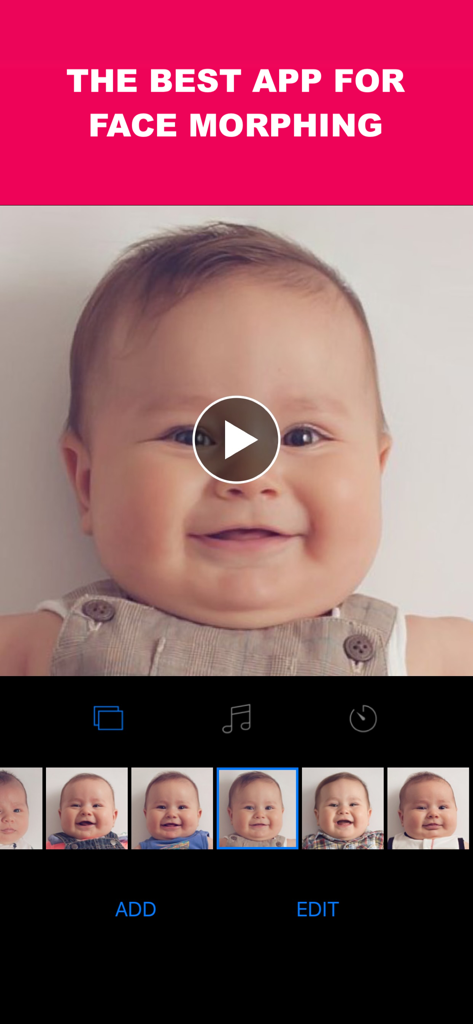 MORPH - Face Story & Slideshow - Interface of the MORPH app showing a baby face video preview and a selection of photos for creating face morphing transitions