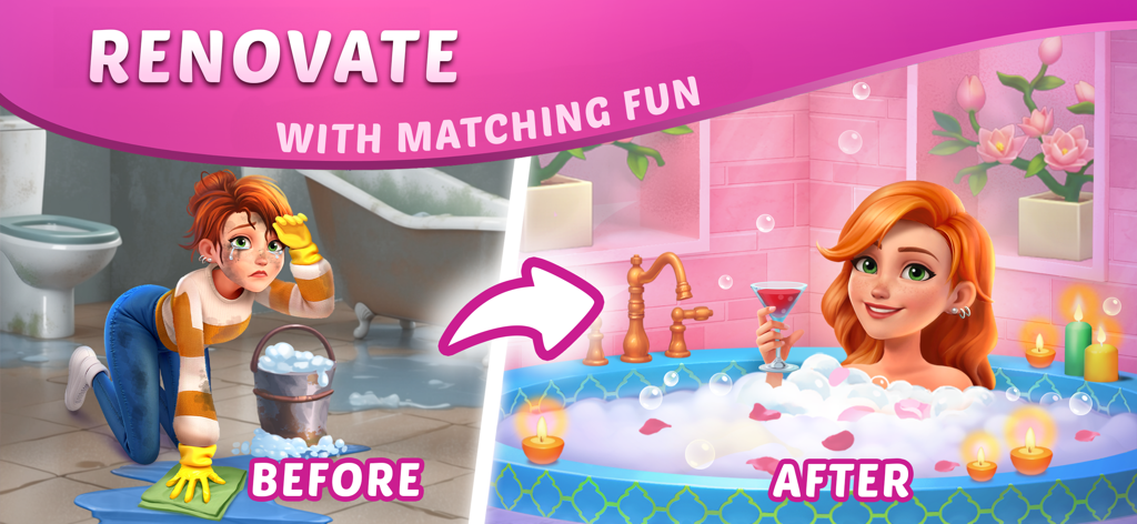 DesignVille: Merge & Design - DesignVille에서 더러운 욕실이 고급스러운 스파 공간으로 변모한 모습 비교