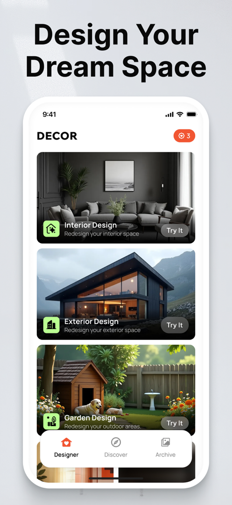 Mobile app interface showing interior exterior and garden design options