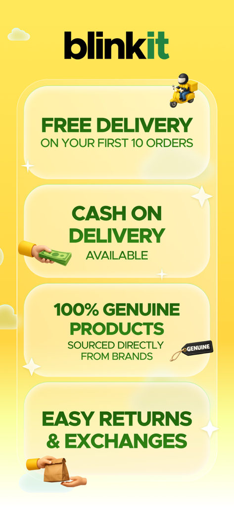 Blinkit: Groceries & more - Banner promozionale dell'app Blinkit che evidenzia la consegna gratuita, il contrassegno, i prodotti autentici e i resi facili