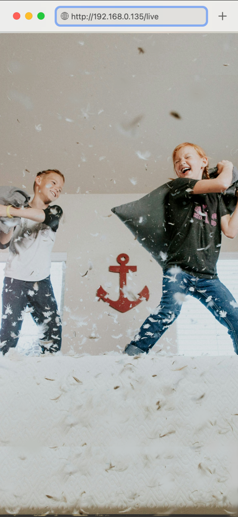 Navegador web exibindo um feed de câmera de segurança ao vivo de crianças brincando.
