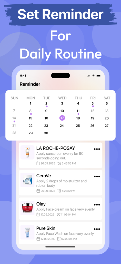 Mobile app interface for scheduling daily skincare routines with a calendar and product application list