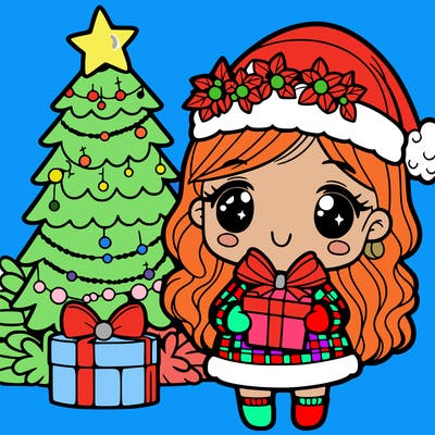 christmas girl holding a gift with a christmas tree behind her