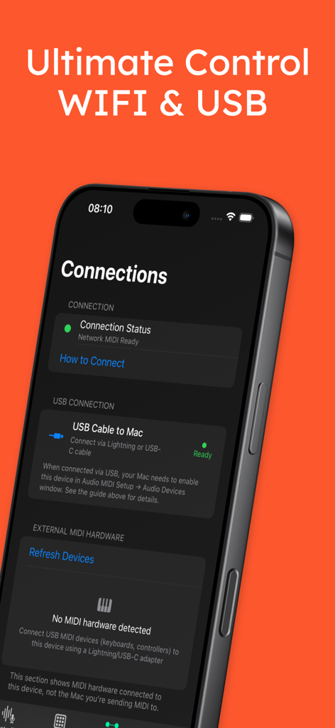 MIDI Controller PRO Wifi, USB - MIDI Controller PRO app interface showing connectivity options for WiFi and USB on an iPhone.