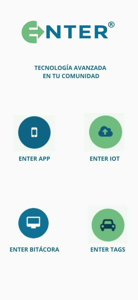 ENTER App - Painel do ENTER App exibindo serviços para gerenciamento de comunidade, incluindo registros digitais de IoT e tags de veículos
