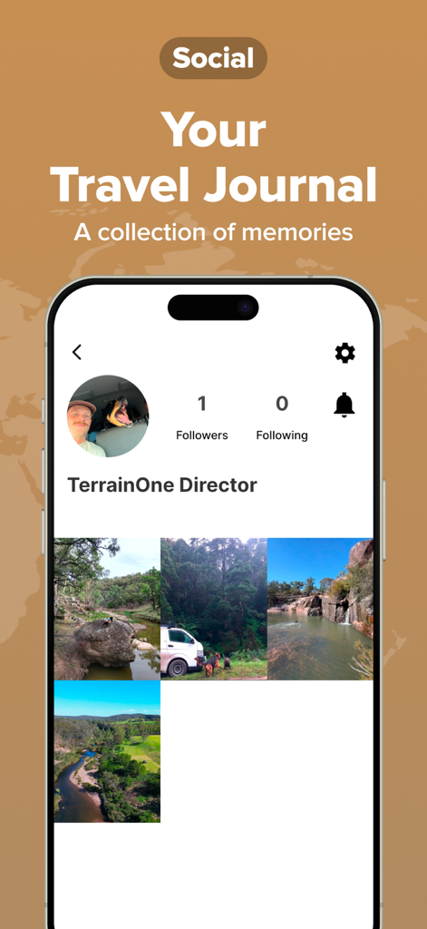 TerrainOne app social profile page titled Your Travel Journal featuring a collection of outdoor adventure photos
