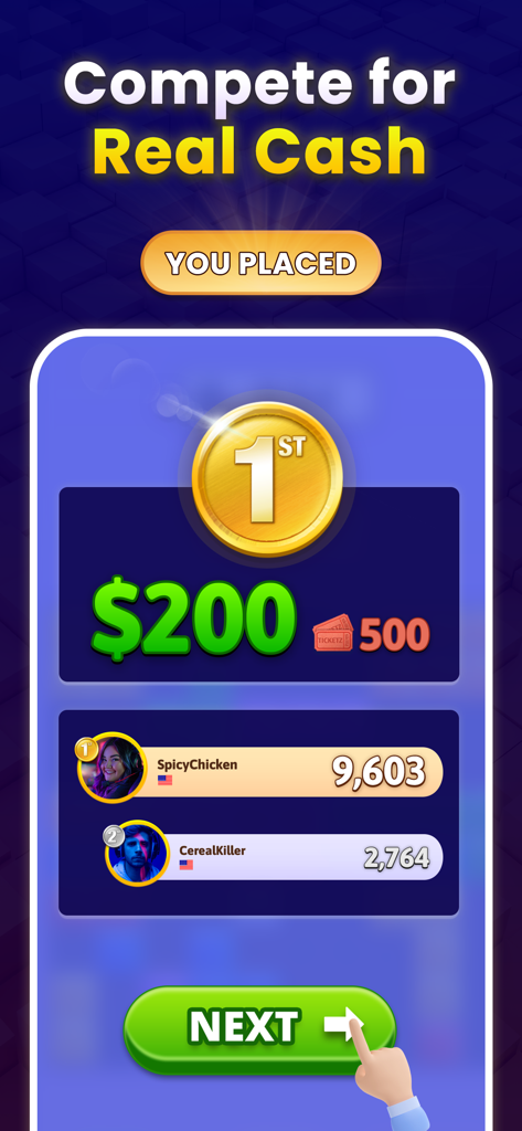 Block Puzzle Cash - Win Money - A screenshot showing a first-place win in a block puzzle tournament with a two hundred dollar cash prize.