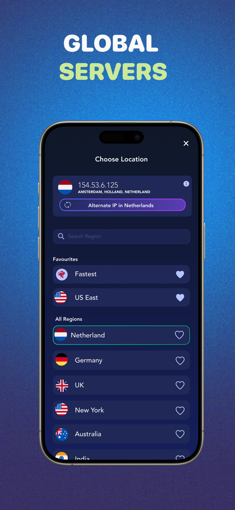 VPN US using Free VPN .org™ - List of global server locations in the VPN US app interface including United States and Europe