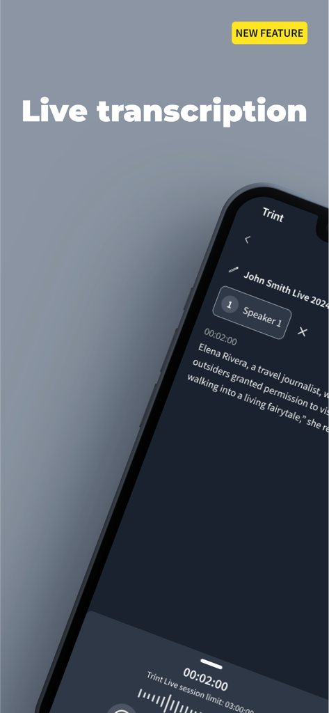Trint - Smartphone screen showing the Trint app's live transcription feature with speaker identification and real-time text output.