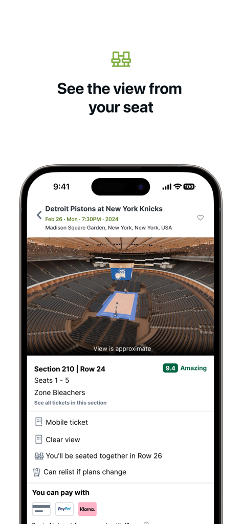 viagogo Tickets - Anteprima della mappa interattiva dei posti e della vista dell'arena nell'app viagogo Biglietti