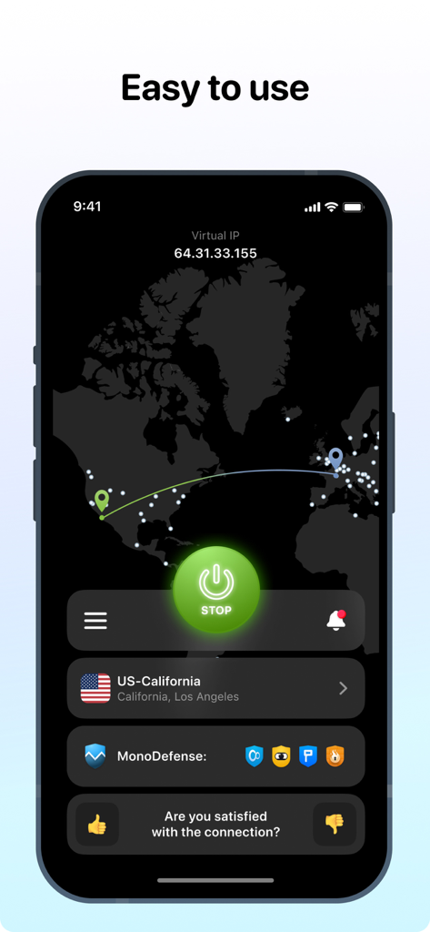 KeepSolid VPN Unlimited app dashboard showing a secure connection to a California server on a world map