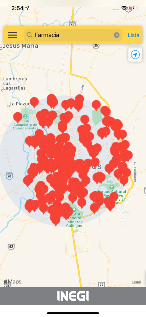 DENUE - DENUE app interface showing a map with multiple business location pins after searching for pharmacies