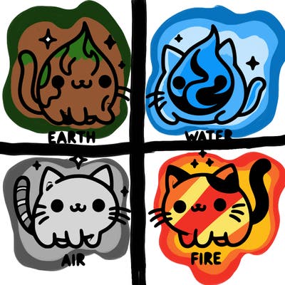 4 cats that represent the different elements, earth, water, air, and fire