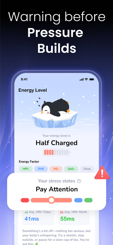 BodyWave: Health Tracker - Screenshot of BodyWave health app showing energy level status and a stress monitoring warning based on HRV metrics.