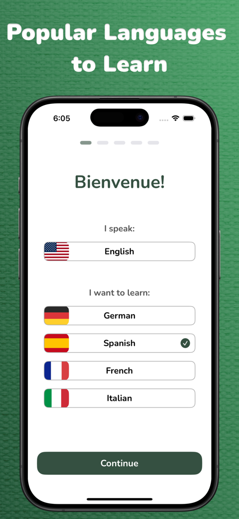 Vocabulary Flashcards: Vocabu - Vocabu app screen with language options for German Spanish French and Italian