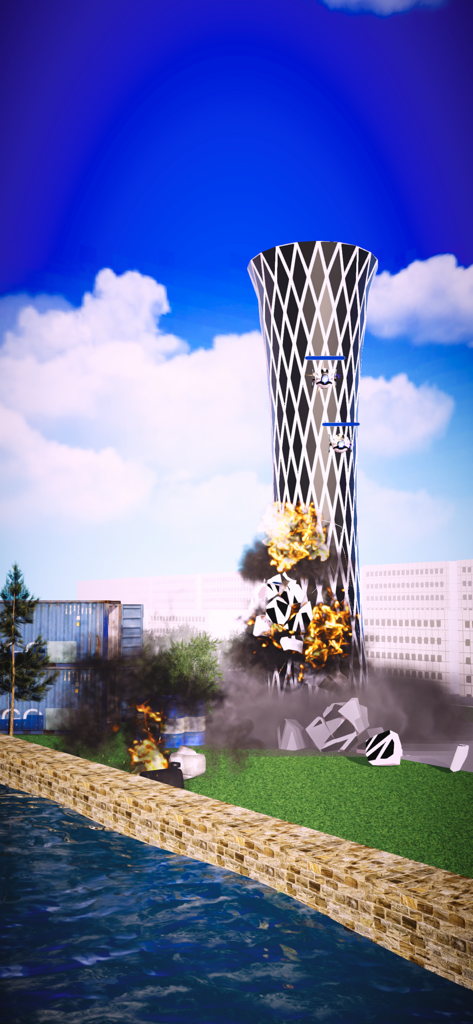 City Demolish Rocket Smash에서 폭발로 파괴되는 높은 격자 타워.