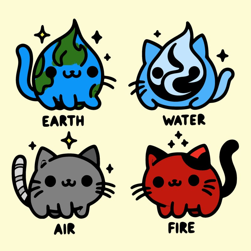 4 cats that represent the different elements, earth, water, air, and fire