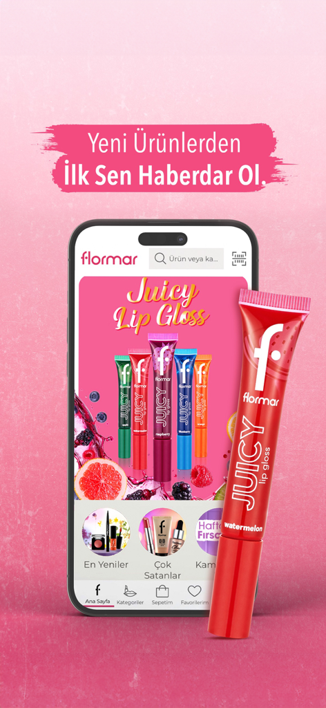 Pantalla de la app móvil de Flormar que muestra la colección Juicy Lip Gloss sobre un fondo rosa vibrante