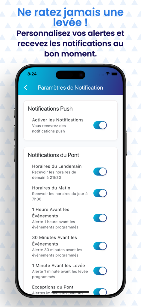 Pont-Bizerte.tn - Pantalla de configuración de notificaciones de la aplicación Pont-Bizerte que muestra alertas personalizables de horarios del puente.