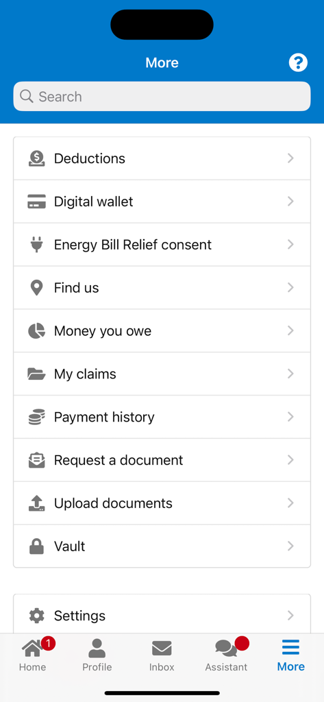 More menu screen of the Express Plus Centrelink app showing options like payment history and document uploads