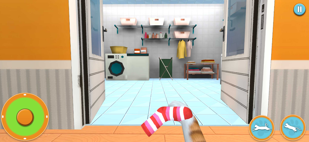 Mystery Cat Detective 3D Games - Vista en primera persona de un gato sosteniendo un calcetín a rayas en una lavandería 3D