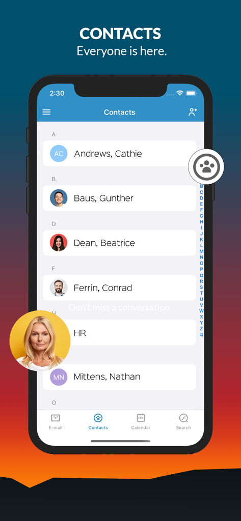 Interfaccia dell'app Carbonio Mail che mostra un elenco di contatti professionali su uno smartphone
