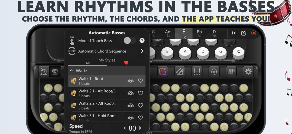 Accordion Chromatic Button - Aprendiendo ritmos en los bajos en la interfaz de la app móvil Acordeón Cromático de Botones.