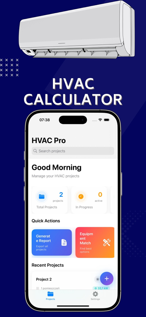 HVAC Calculator ProX - HVAC Calculator ProX app dashboard showing project tracking and quick actions