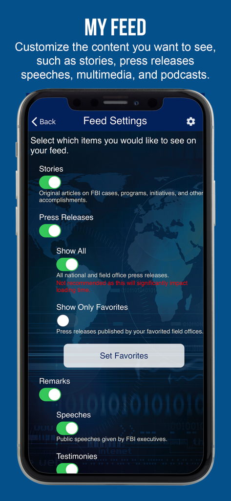 myFBI Dashboard - Screenshot of the myFBI Dashboard app showing feed settings to customize stories, press releases, and speeches.
